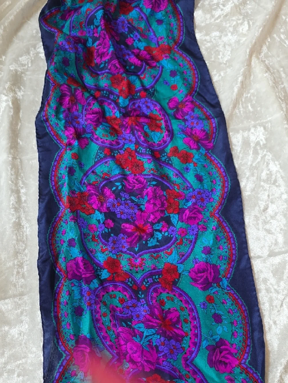 Vibrant Floral Teal and Purple Silk Vintage Scarf Circa 1980s